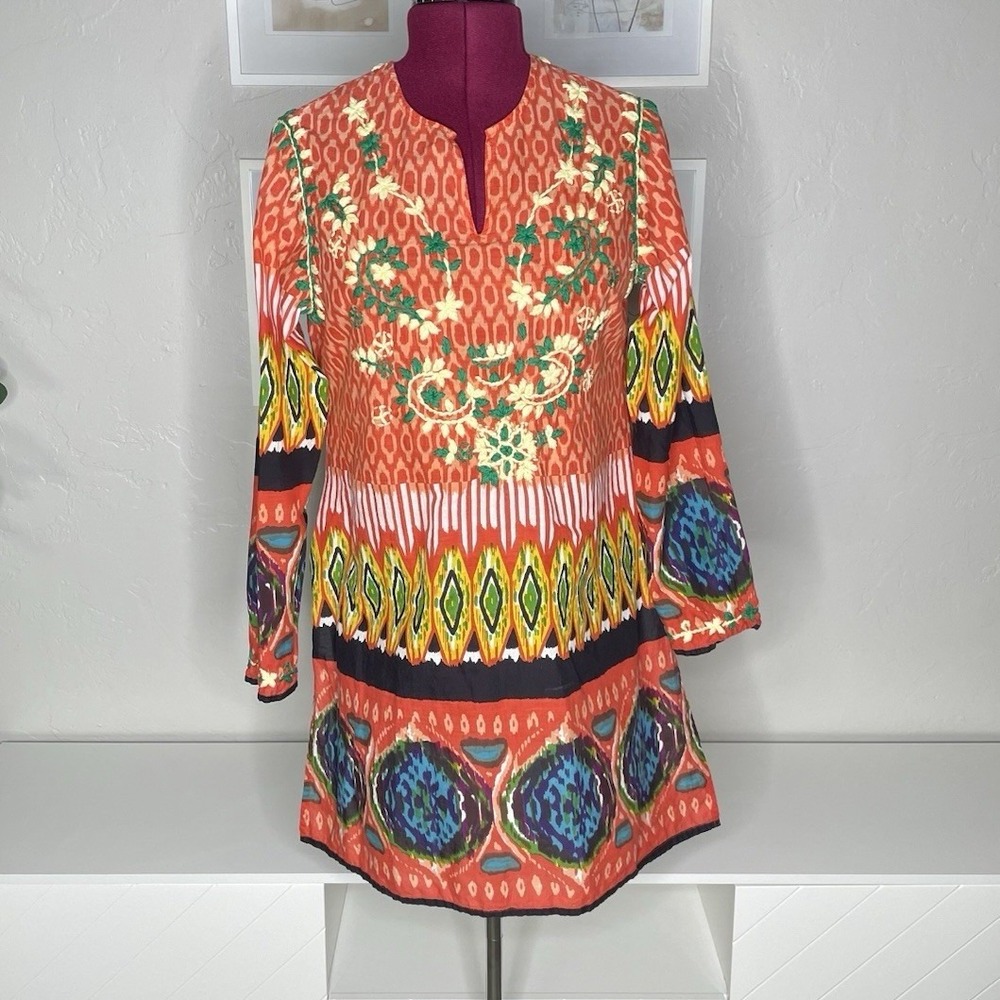 J. Peterman‎ Tunic Dress Womens Medium Orange Ikat Floral Embroidered Cotton